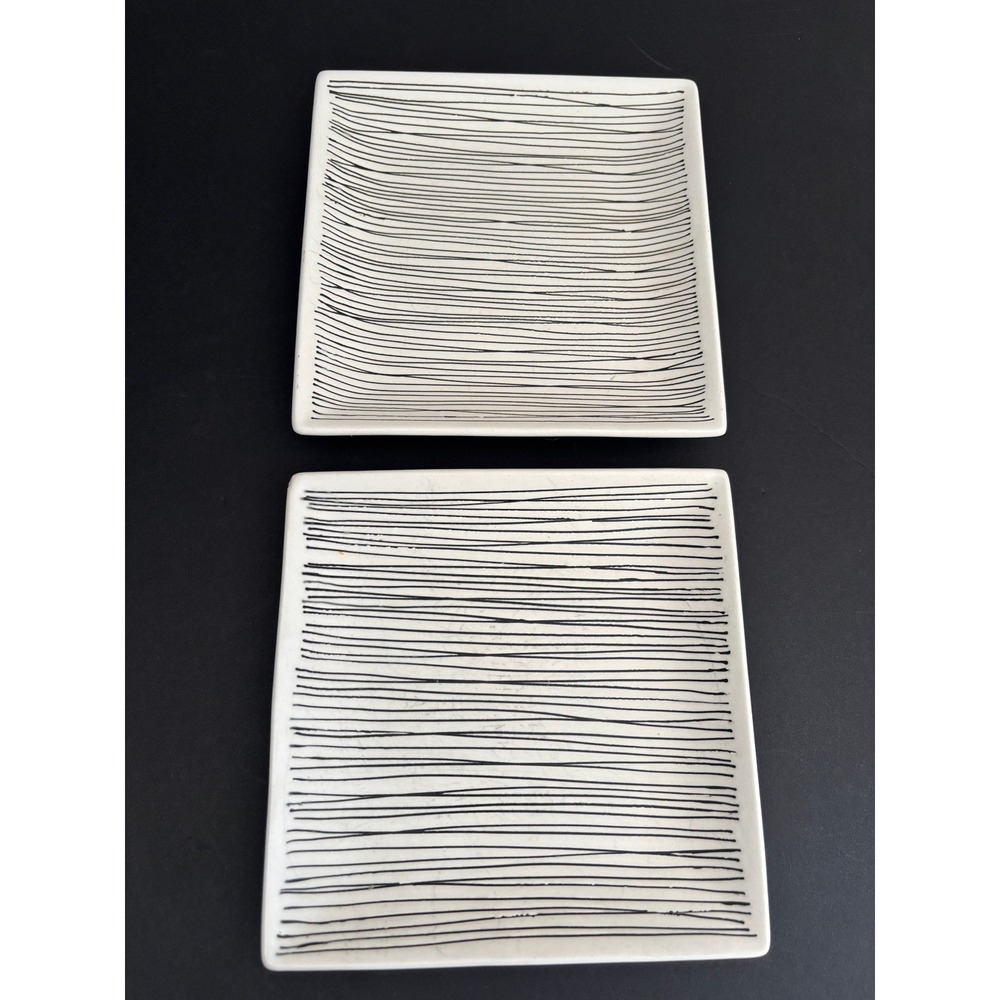 Crate & Barrel Square Appetizer Plates White Black Pinstripe Set of 2 8 inch